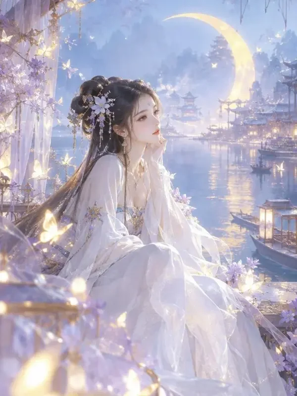 AI剧集《蝴蝶吻过月牙湾》封面，化蝶仙子与月牙湾的梦幻画面