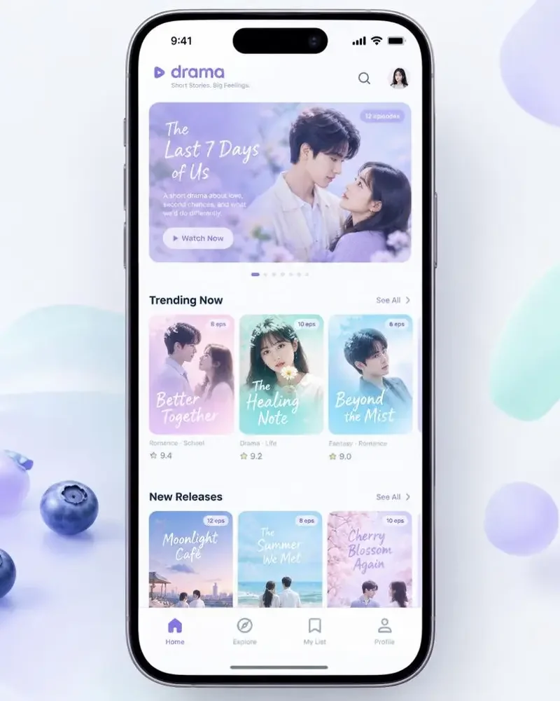 AI剧集APP界面预览，展示梦幻薰衣草紫主题的追剧首页