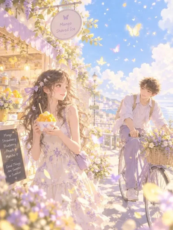 AI剧集《半夏微甜》封面，夏日甜品店的青春治愈甜宠插画