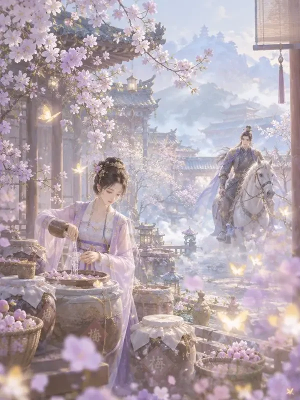 青梅煮酒待君归 - AI剧集口碑榜 AI剧集《青梅煮酒待君归》封面,江南小院青梅竹马的唯美画面